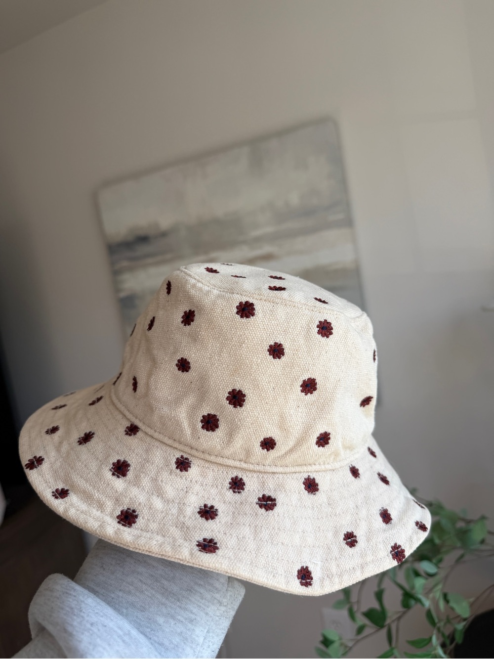 Madewell Cream Bucket Hat with Brown Floral Embroidery